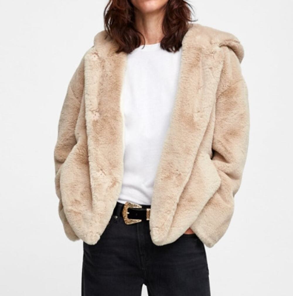 Zara Basic Faux Fur Hooded Jacket Cream Ecru Beige Coat Plush Snap Front Small S